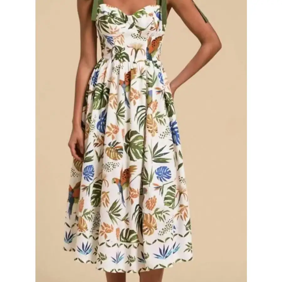 Tropical Print Tie-shoulder Sweetheart Neck Midi Dress