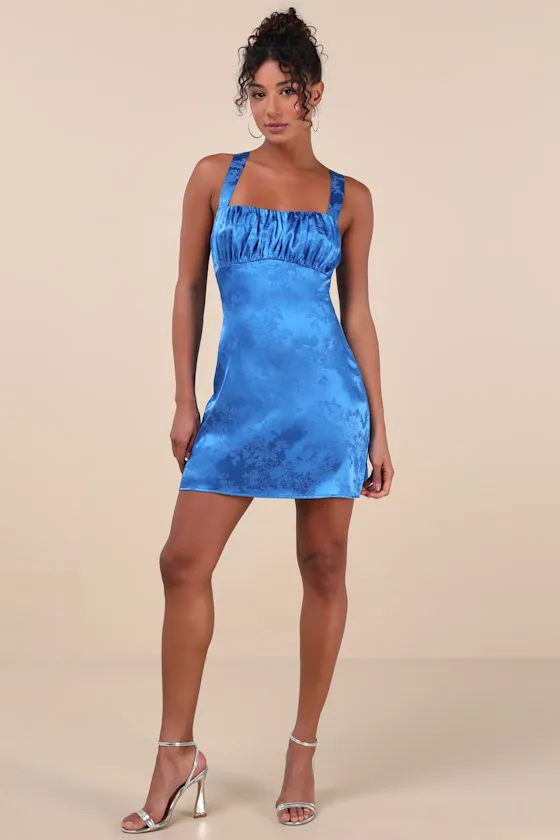 Exquisite Outlook Blue Floral Jacquard Satin Lace-Up Mini Dress