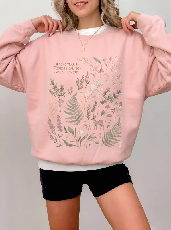 Women's Nature Lover Forest Botanical Deer Printed Sweatshirt