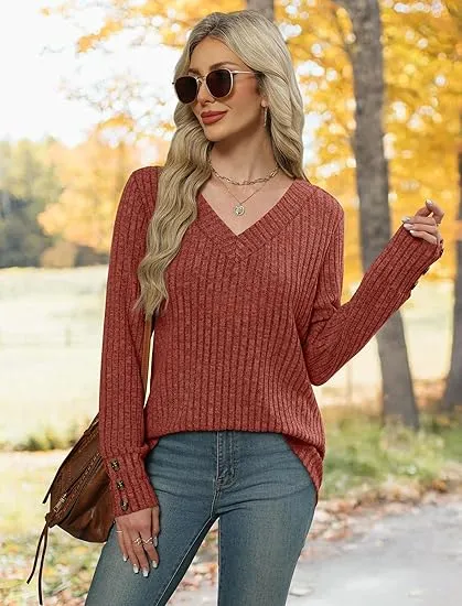 Women's V-Neck Long Sleeve Knit Sweater | Lightweight | Oversized Loose Fit Sweater for Layering