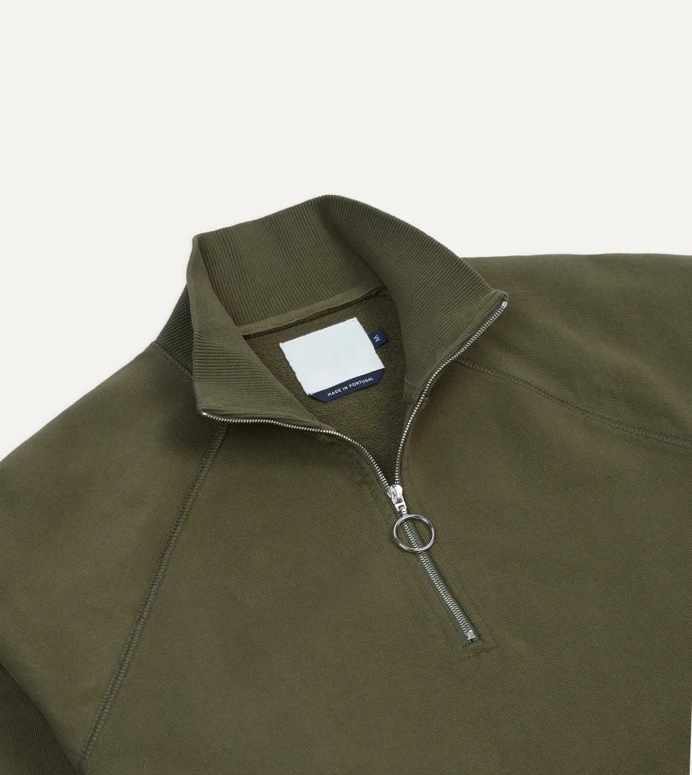 Khaki Green Cotton Quarter Zip Sweatshirt Plain
