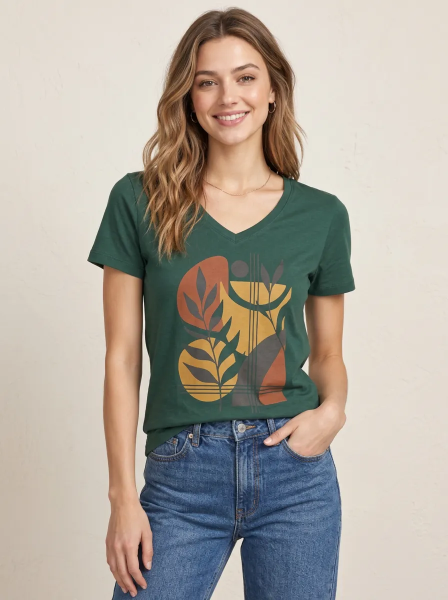 Women's Boho Abstract Botanical Casual V-Neck Printed Tee