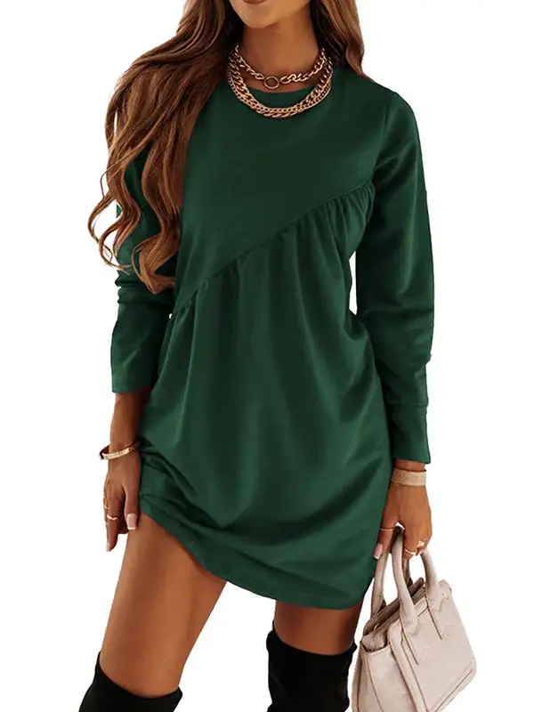 Casual Relaxed Long Sleeve Solid Color Round Neck Mini Dress