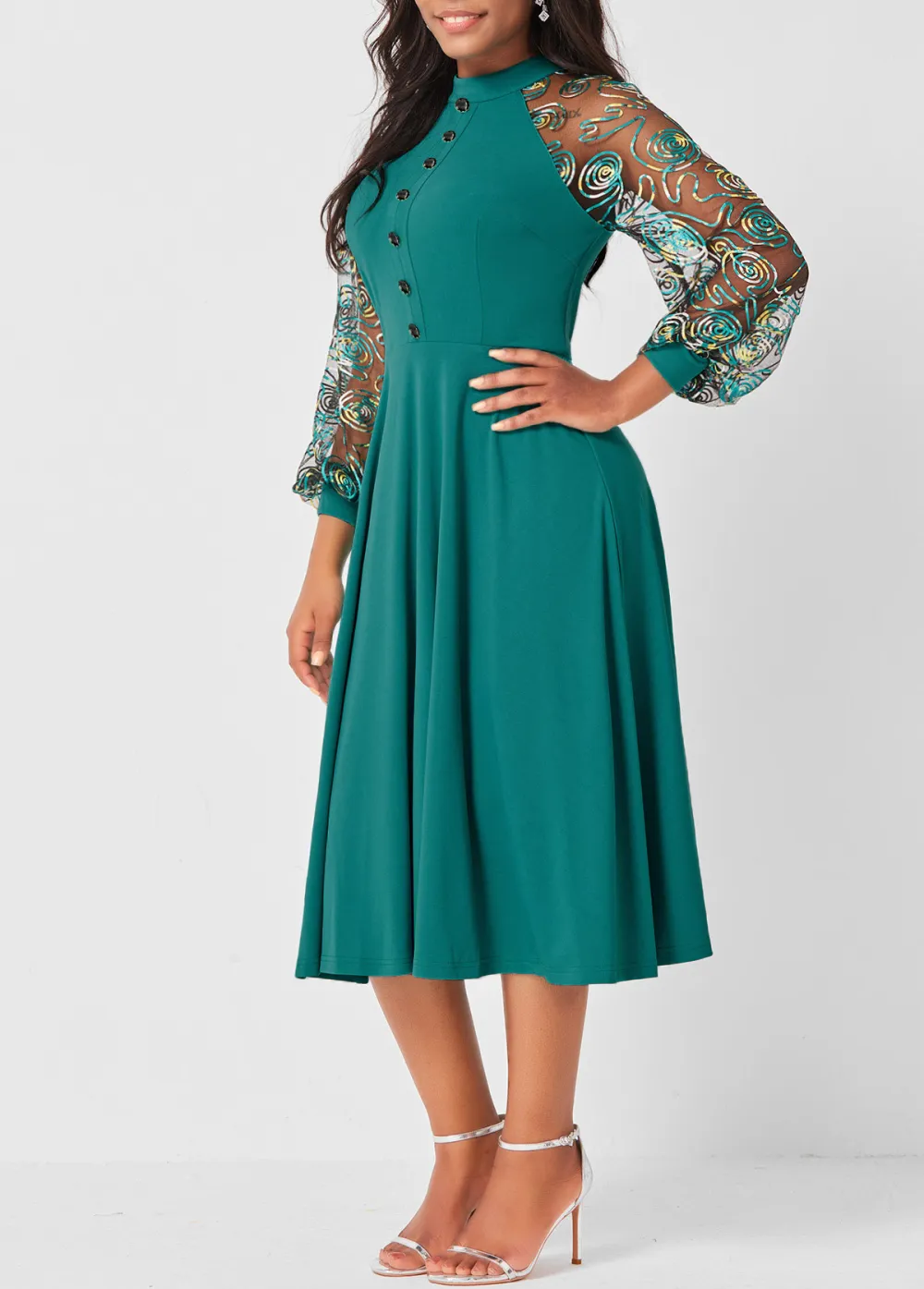 Green Sheer Mesh Decorative Button Dress