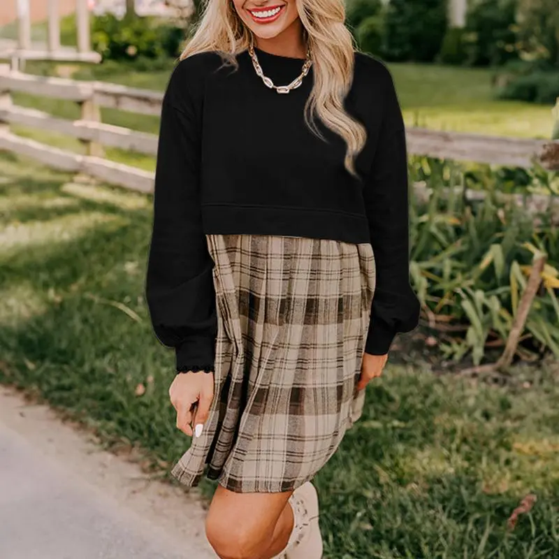 Beige Plaid Patchwork High Waist Sweatshirt Mini Dress