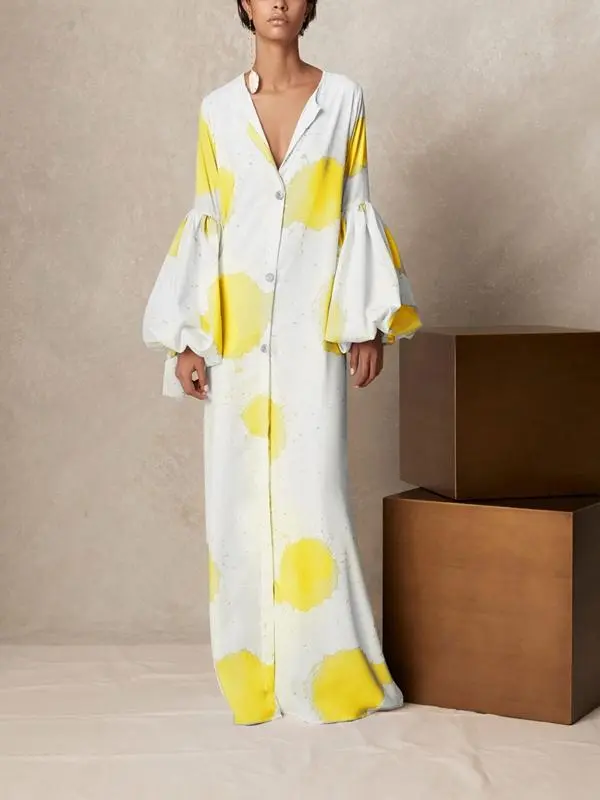 V-neck Print Loose Casual Long-sleeved Long Dress