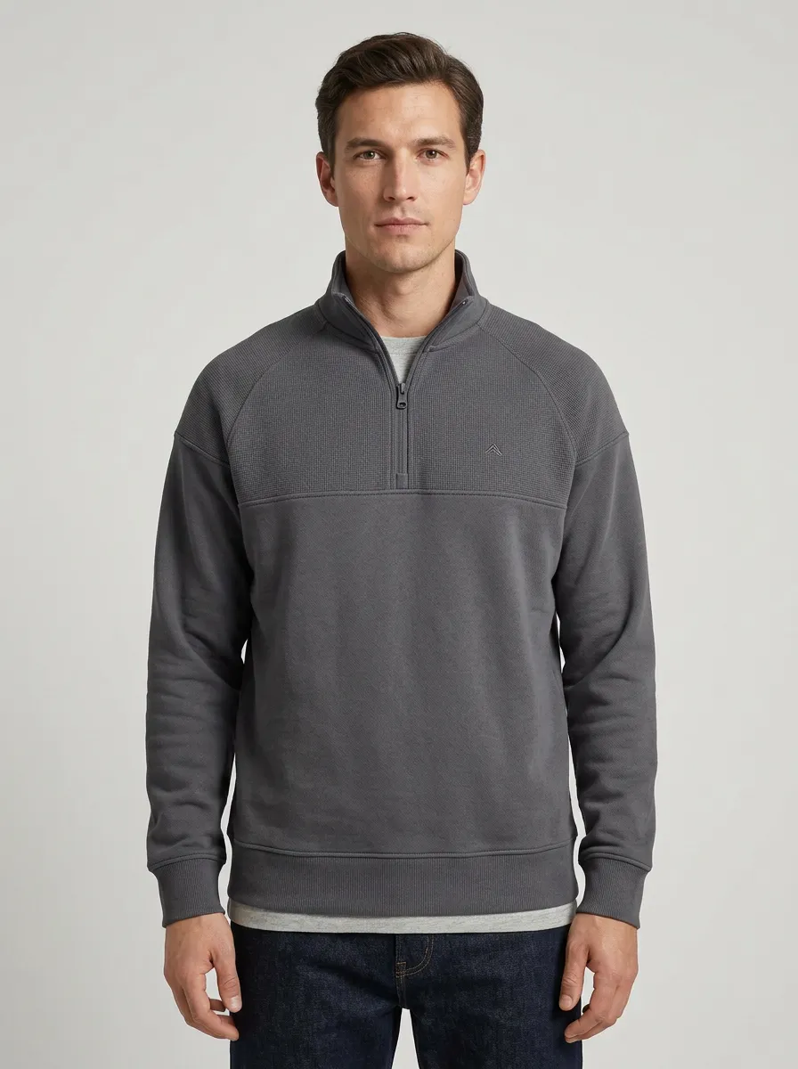 Men's Everyday Minimalist Textured Raglan Embroidered Emblem Stand-Collar Quarter-Zip Sweatshirt