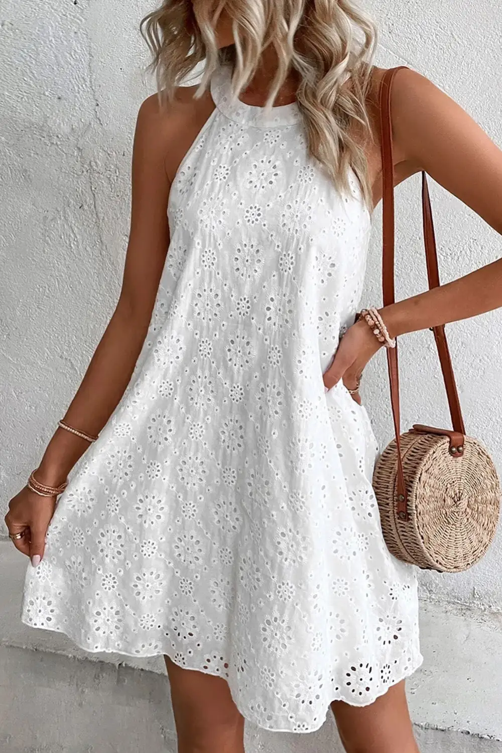 Eyelet Detail Halter Neck Mini Dress