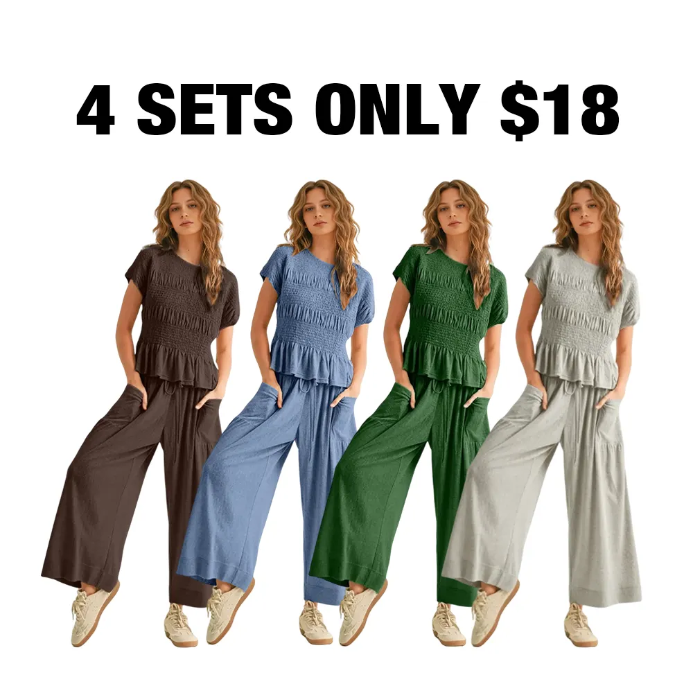Women's Boho Chic Pleated Top & Wide-Leg Set