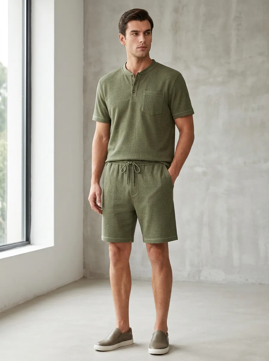 Men's Olive Green Waffle Knit Henley Short Sleeve Lounge Set