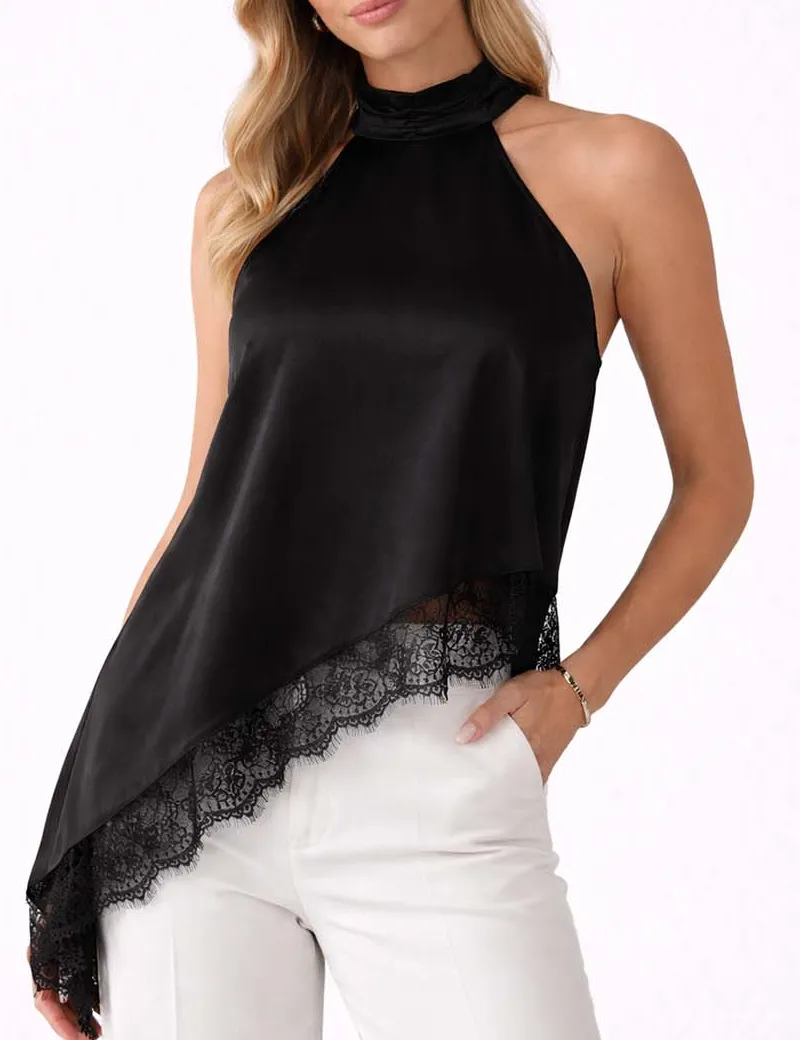 Satin Halter Neck Lace Irregular Hem Sleeveless Top