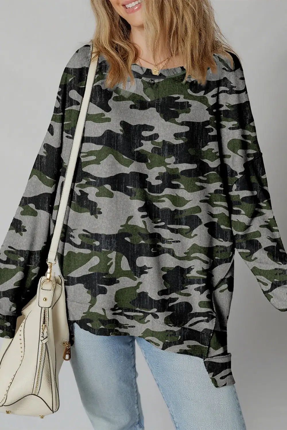 Camo Print Patchwork Exposed Seam Sweatshirt
