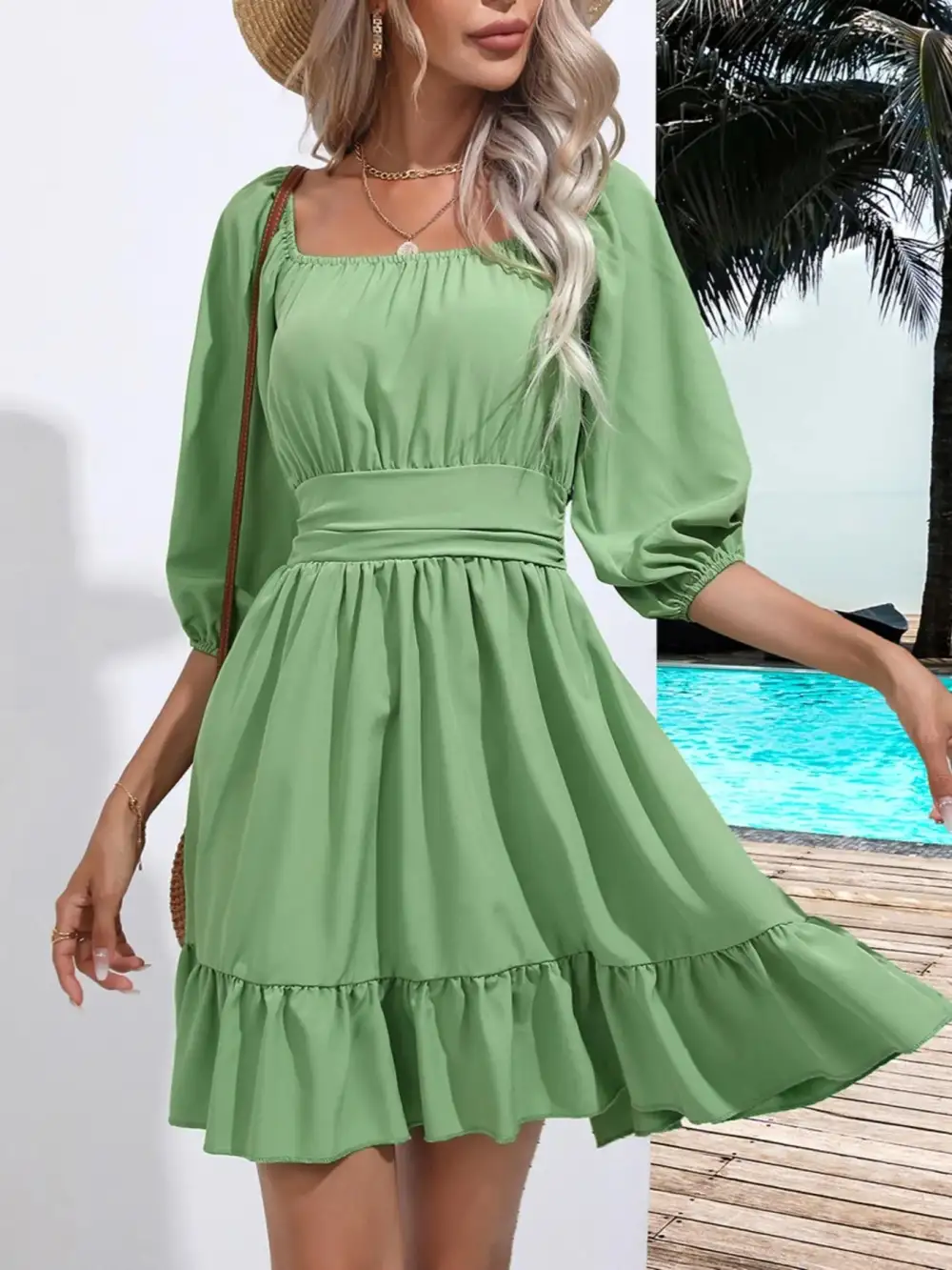 Smooth Finish Square Neck Ruffle Dress