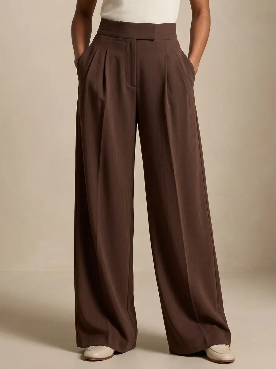 Natural Wide-Leg Pleated Women's Wide-Leg Pants