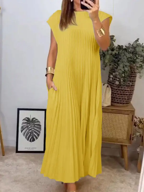 High Color Pleated Neck Maxi Dress