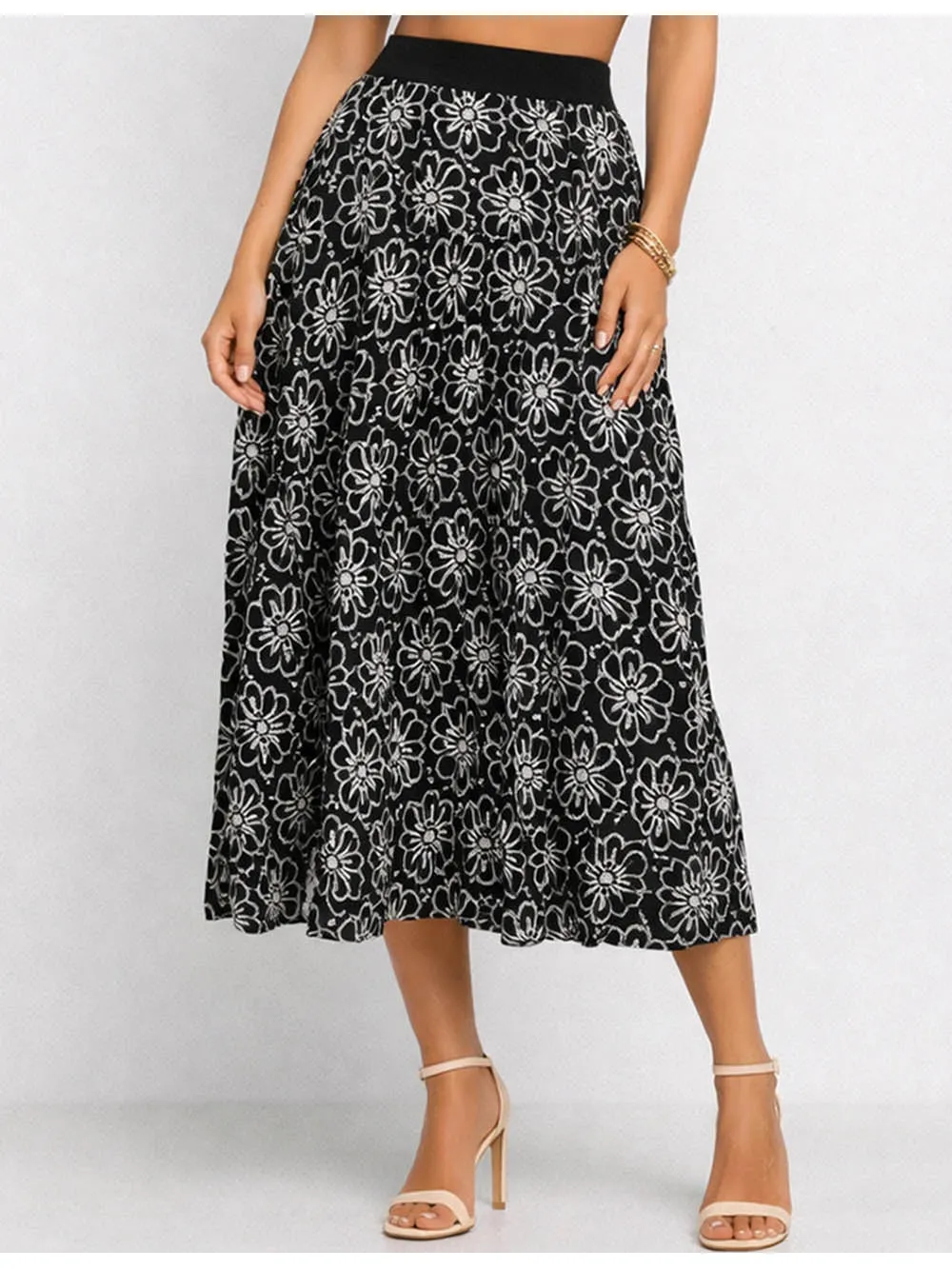 Embroidery Zip Up Elastic Waist Midi Skirt