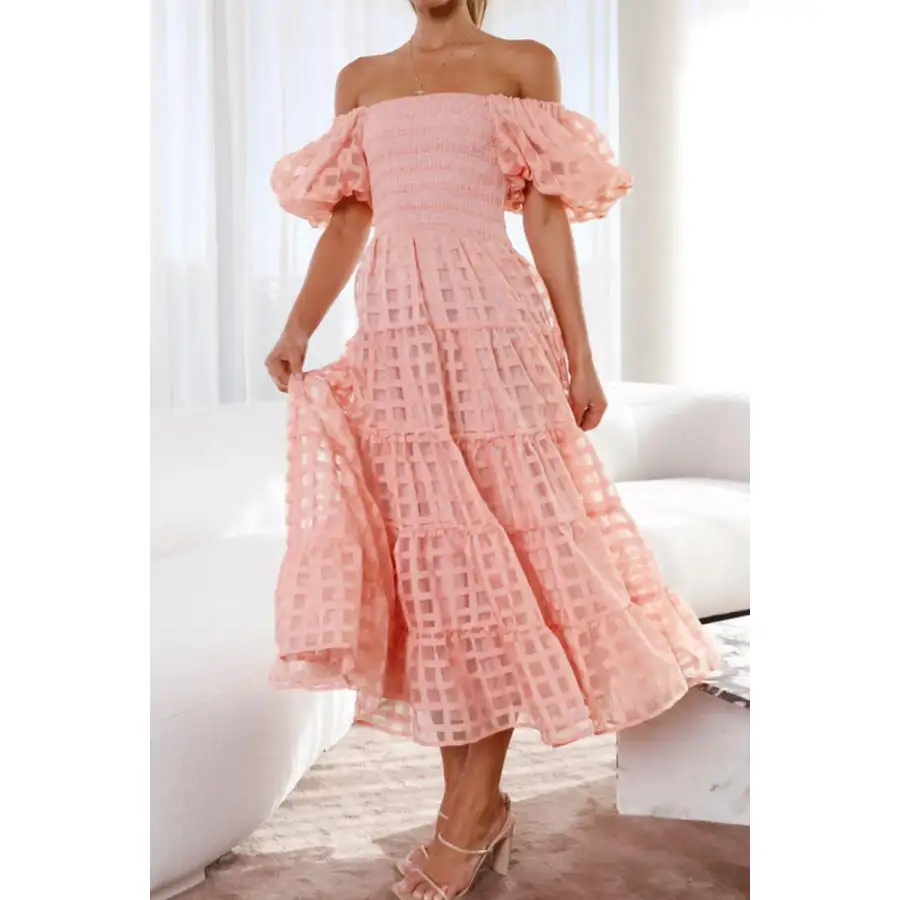 Off Shoulder Short Puff Sleeve Midi Dress