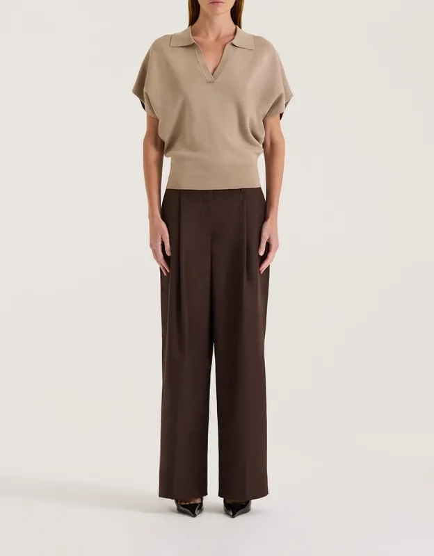 Taupe Waisted Polo Knit Top