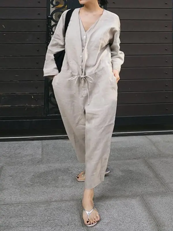 Casual Linnen Jumpsuit Met V Hals