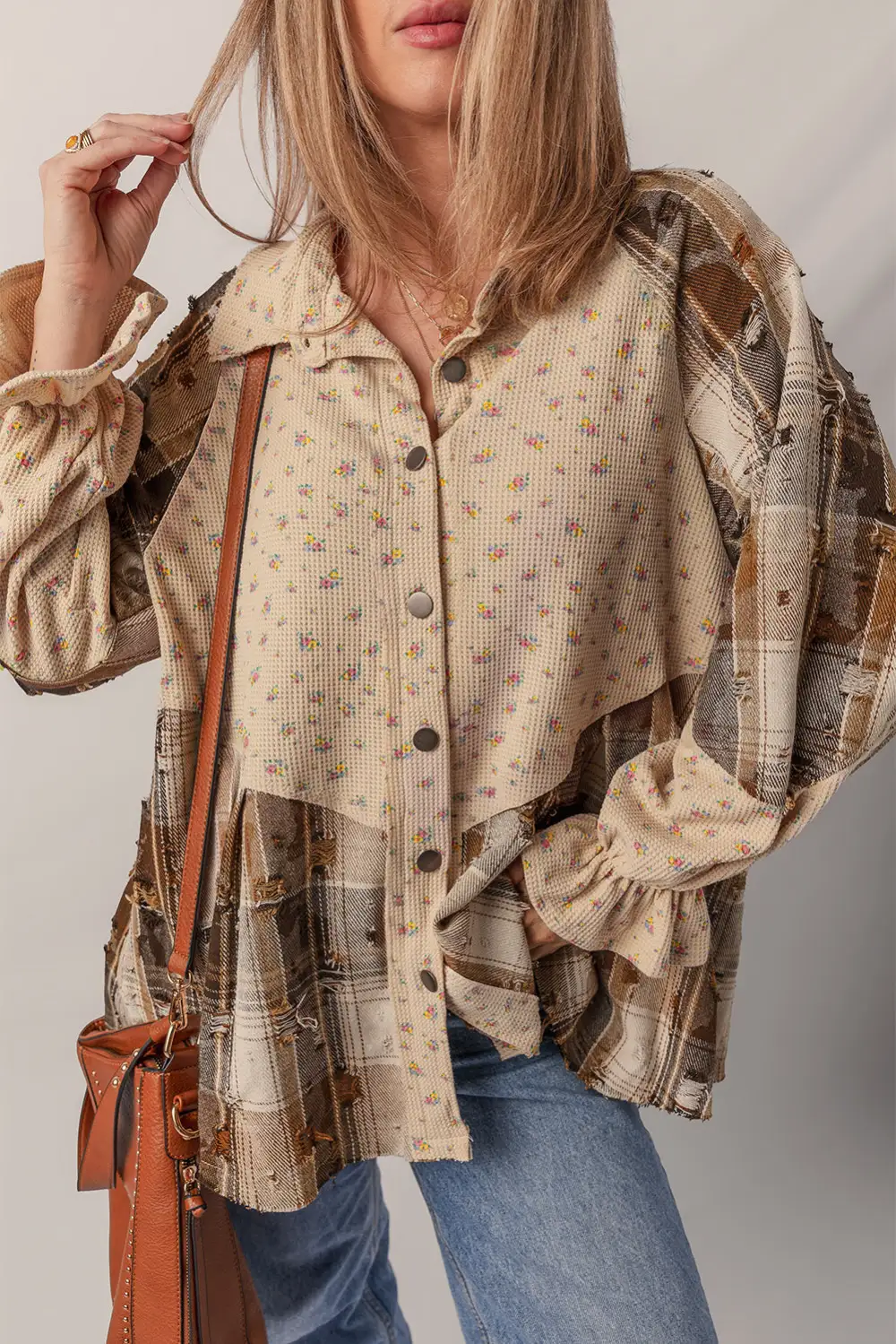 Oatmeal Boho Floral Plaid Patchwork Distressed Detail Ruffled Waffle Knit Shirt Jacket