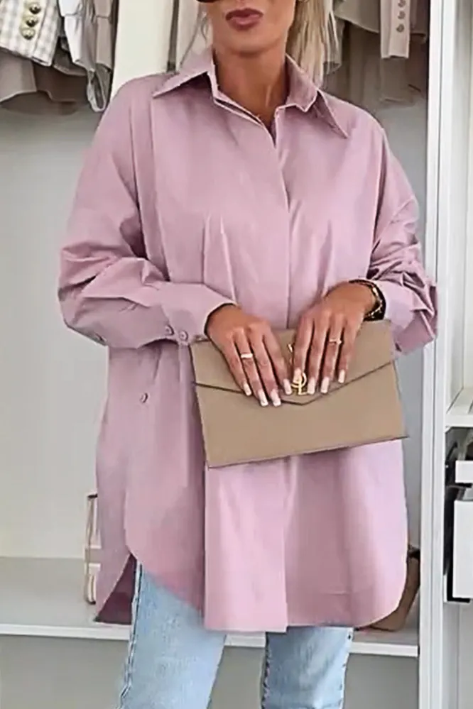 5PACK-Solid Color Irregular Side Long Sleeve Shirt