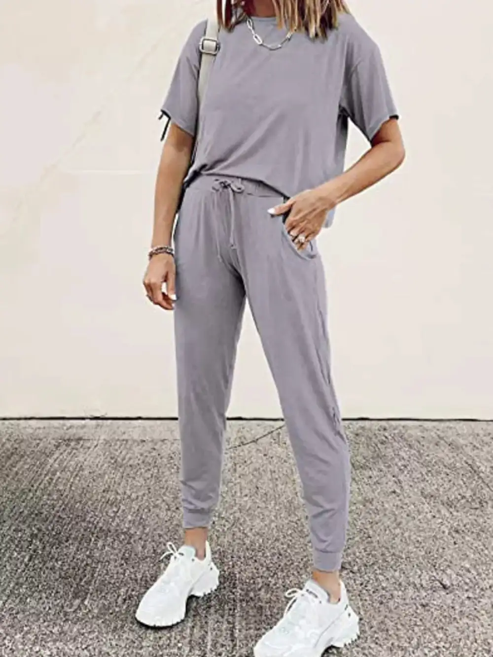 Full Size Round Neck Top and Drawstring Pants Set Plus Size