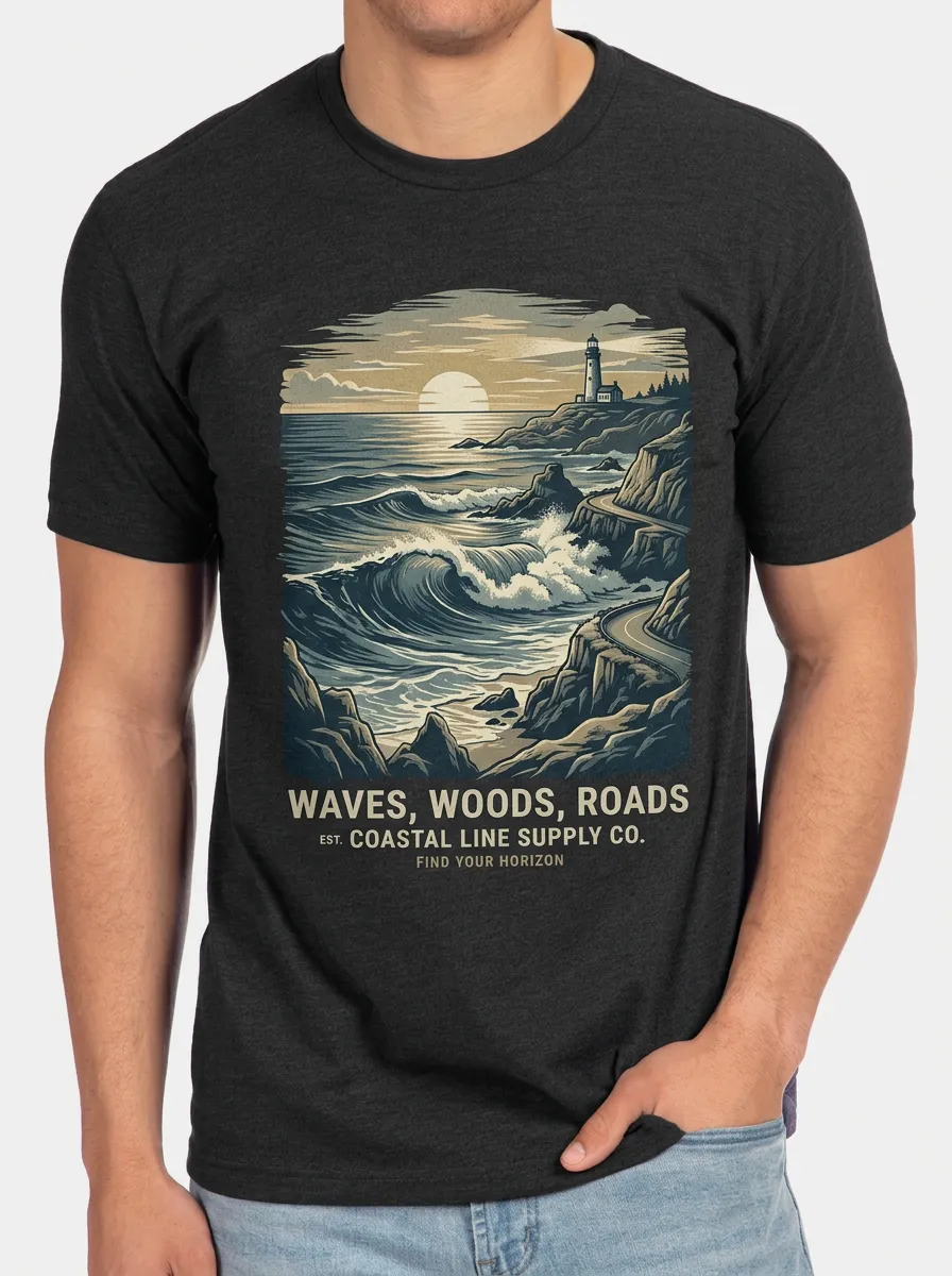 Men's Coastal Lighthouse Ocean Wave Printed T-shirt