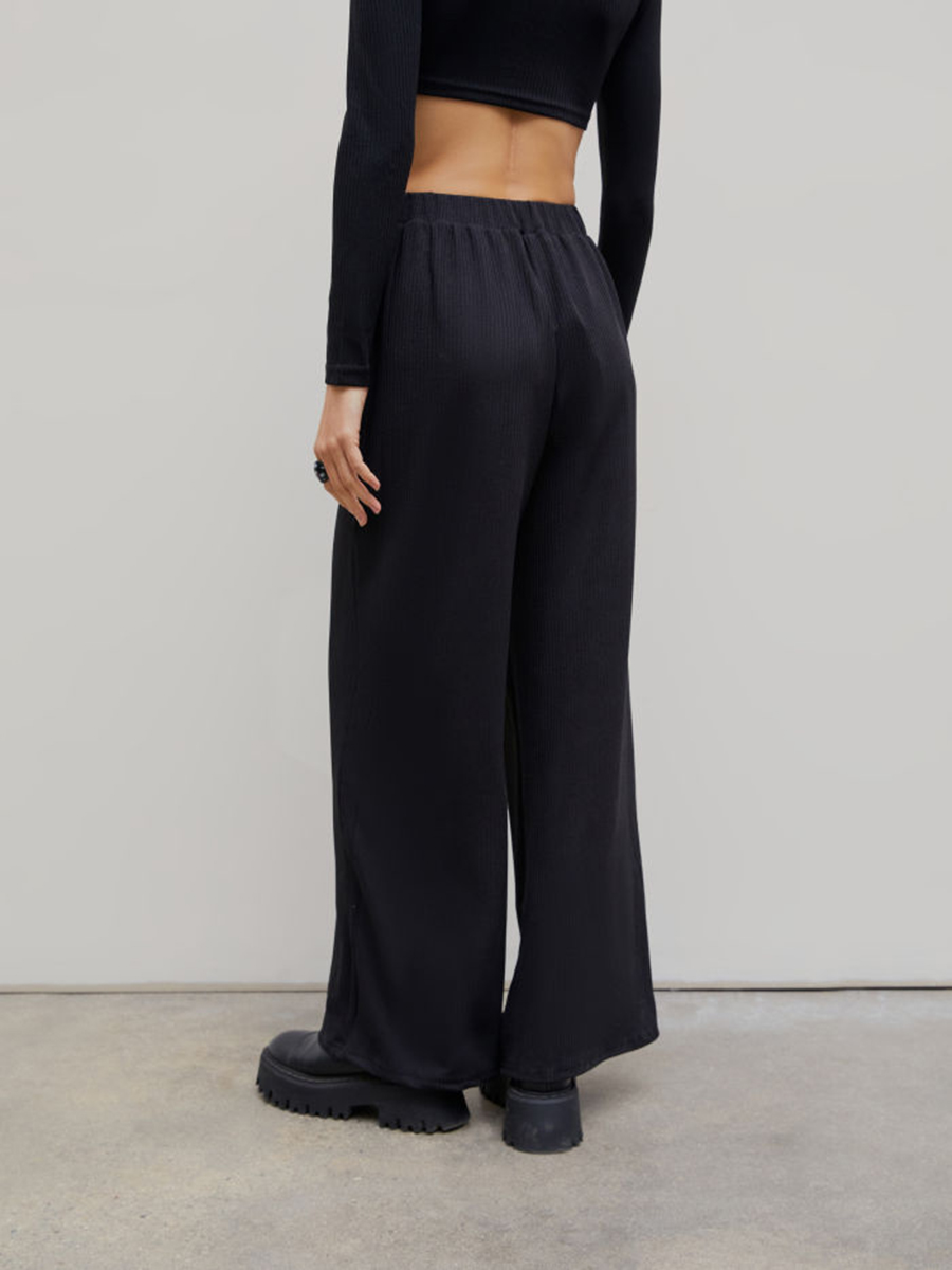 Solid Knitted Crop Top & Wide Leg Trousers Set