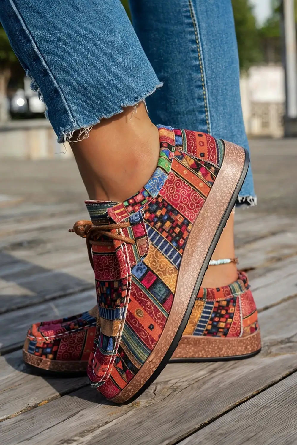 Western Print Faux Suede Lace-Up Slip-On Sneakers
