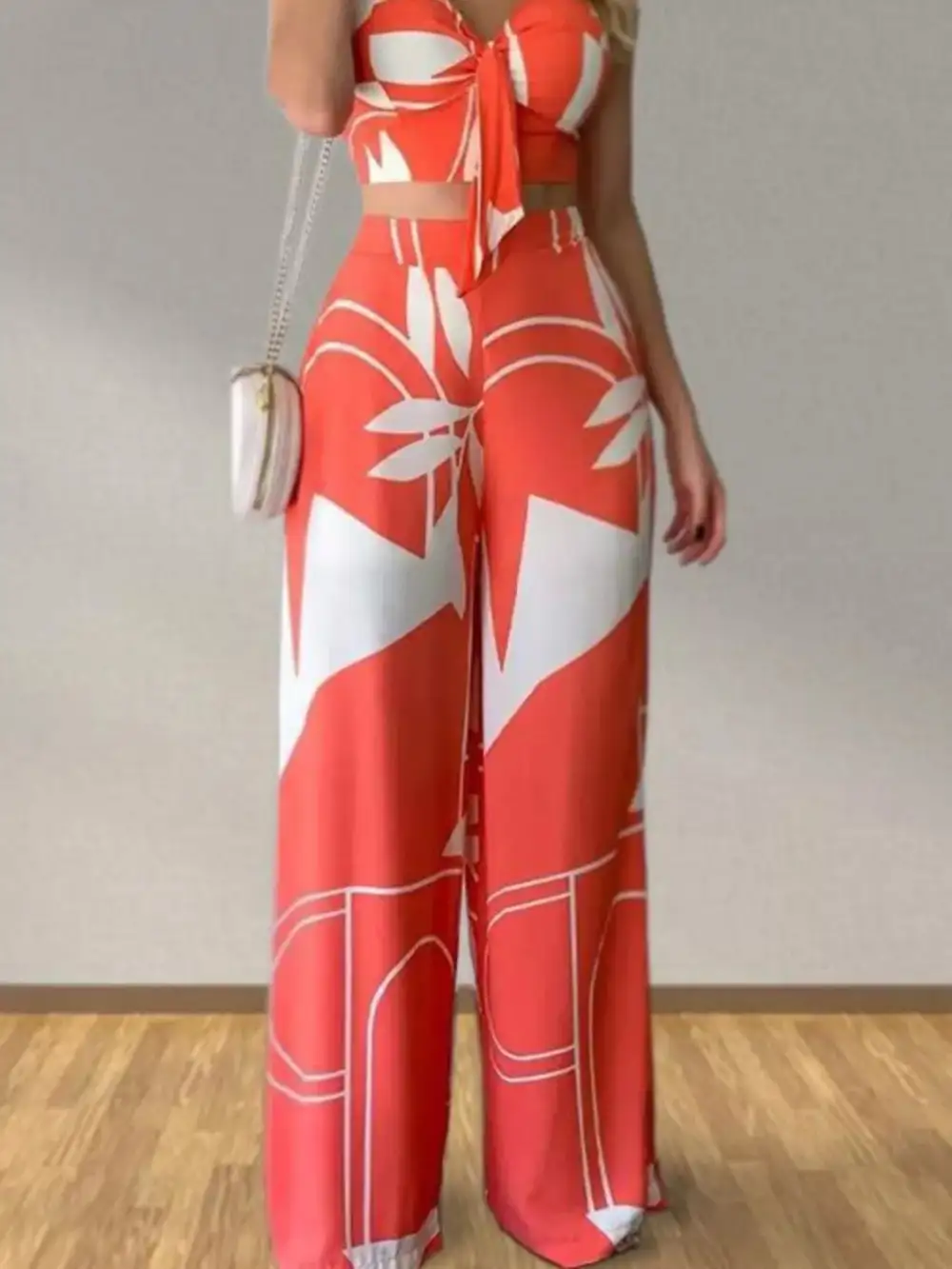 Tropical Print Spaghetti Strap Crop Top and Wide Leg