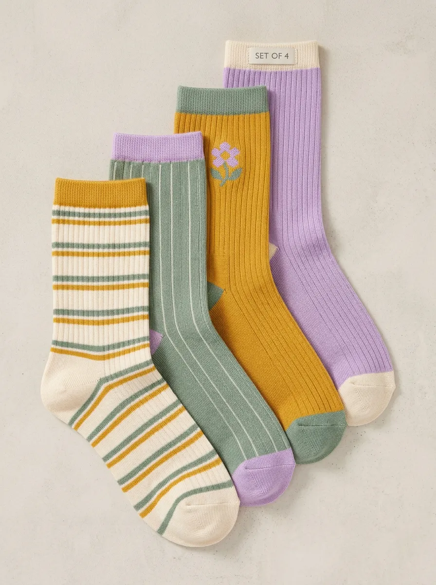 Versatile Floral Striped Daily Wear Women's Four Pair Socks