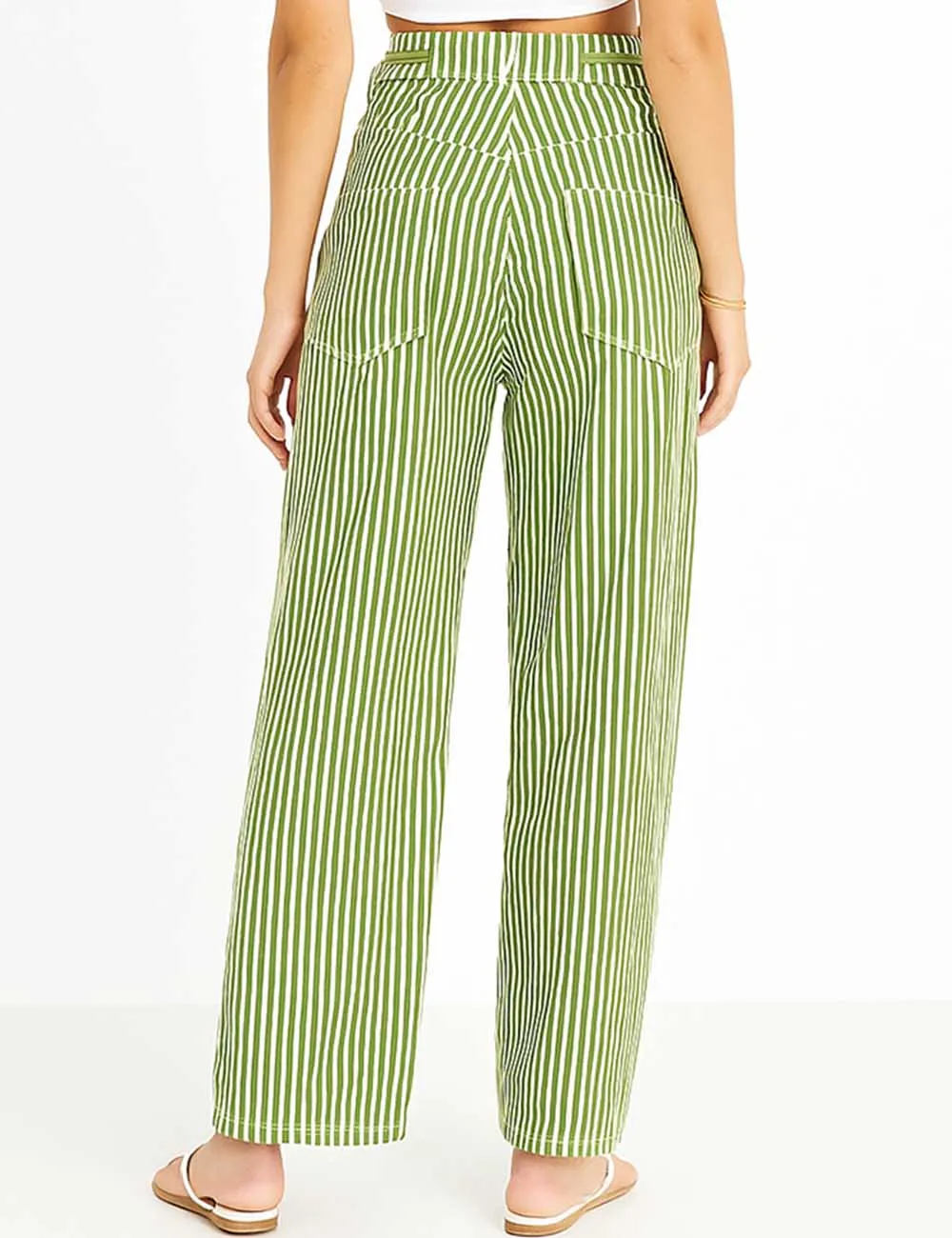 Striped Color Block Drawstring Barrel Denim Pants