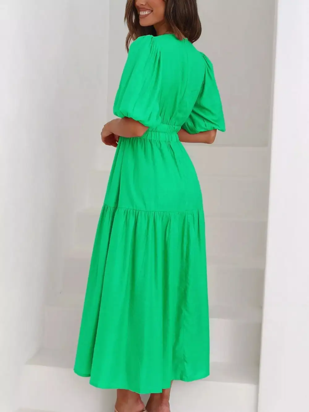 V Neck Puff Sleeve Midi Dress
