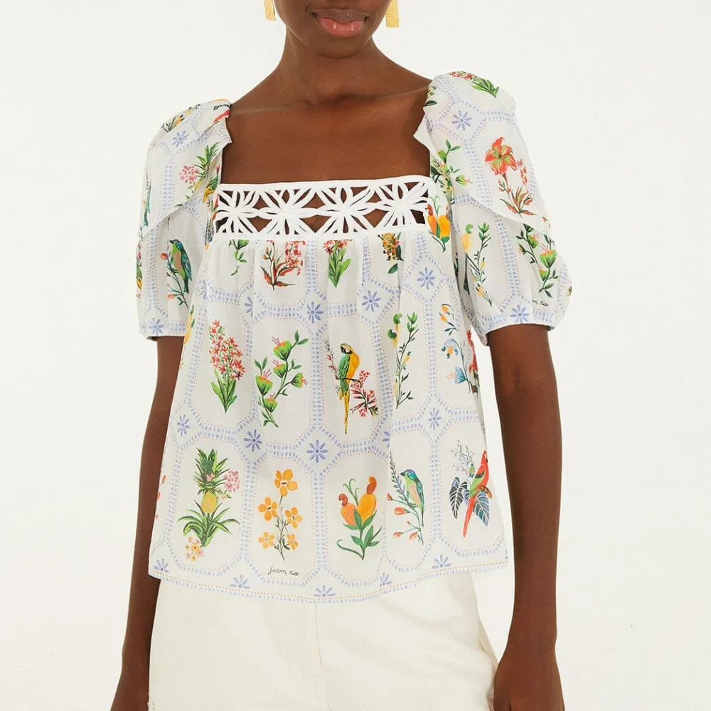 Embroidered Tropical-Print Short-Sleeve Blouse