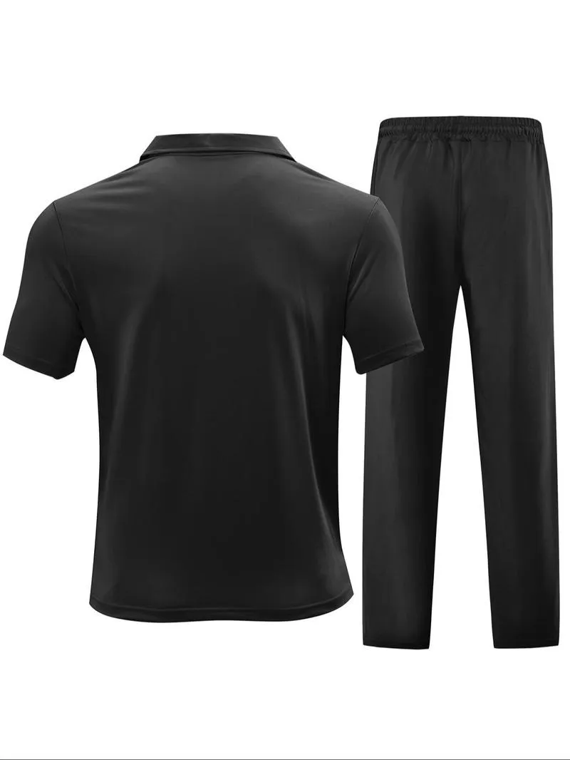 Men's Plain Half Zip Up Shortsleeve Polo Shirt & Drawstring Waist Pants Two-piece Set