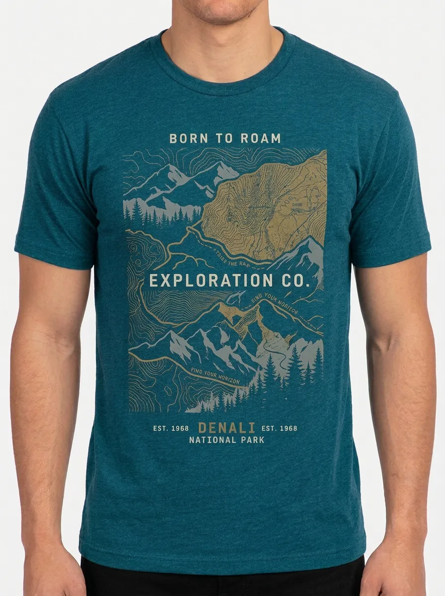 Men's Outdoor Adventure Denali Mountain Topographic Printed T-shirt