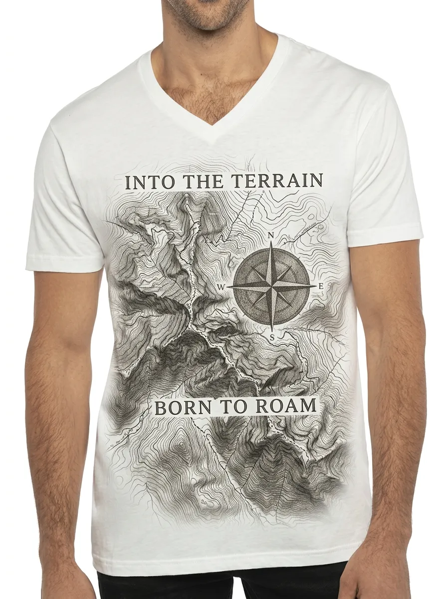 Men's Hiking Adventure Compass Topographic Map Printed V-Neck T-Shirt