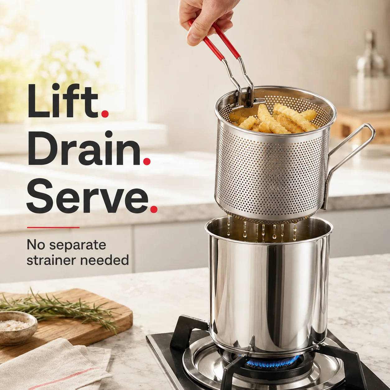 Stainless steel fryer pot with basket lifted for draining