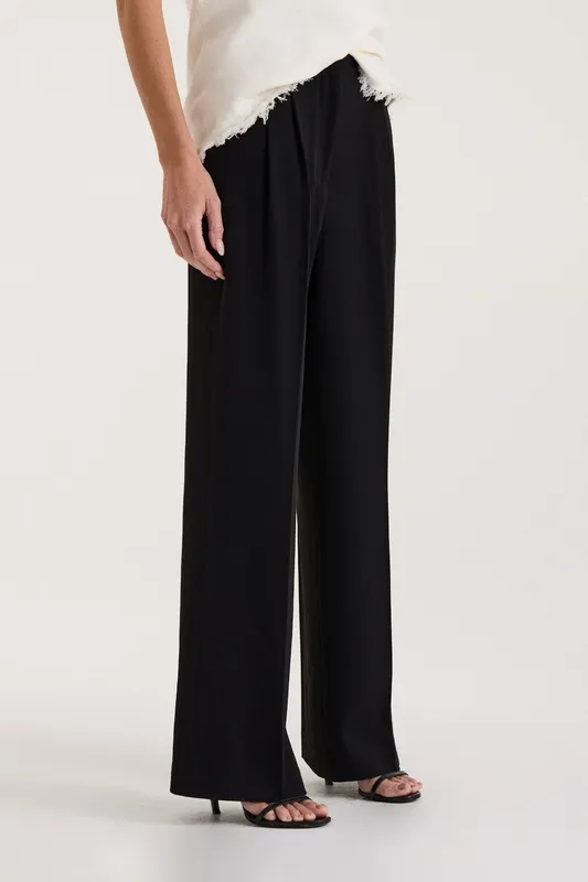 Black High-Rise Pleated Straight-Leg Pants