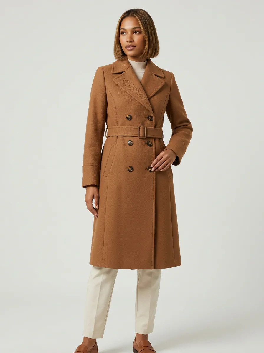 Women's Minimalist Leaf Embroidery Camel Printed Trench Coat