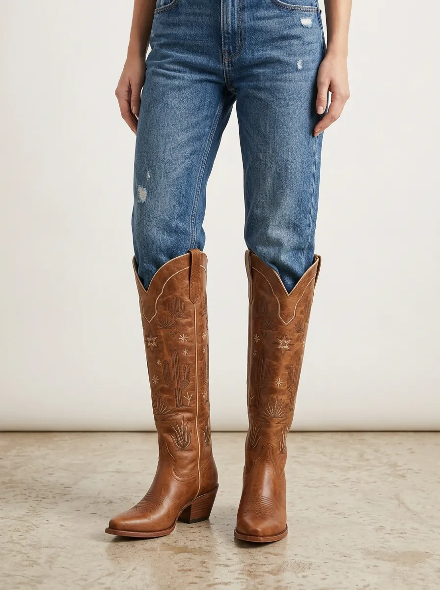 Women's Cactus Wing Star Embroidered Piped Pointed-Toe Western Denim Over-the-Knee Boots