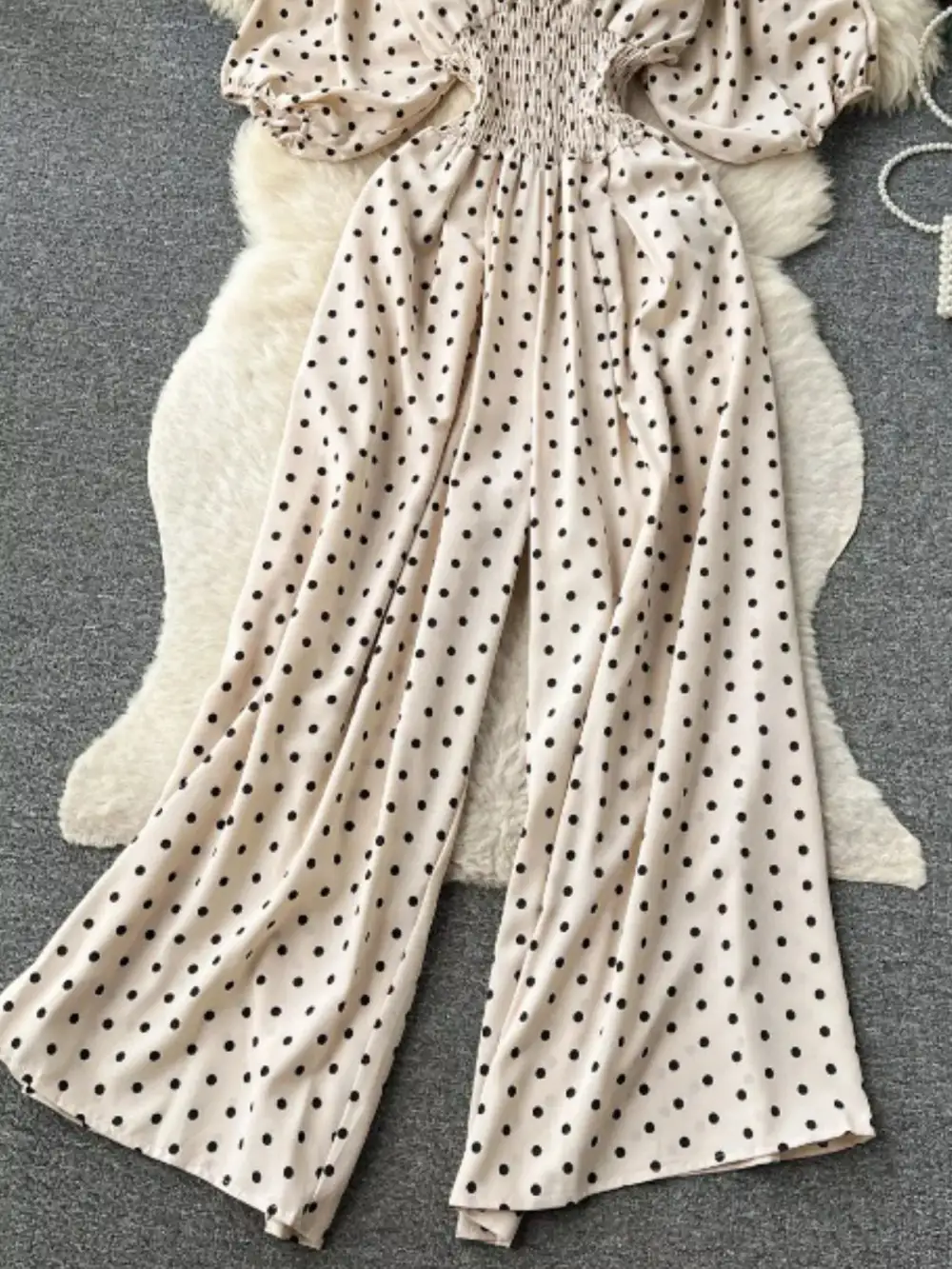Smocked V Neck Wide Leg Jumpsuit