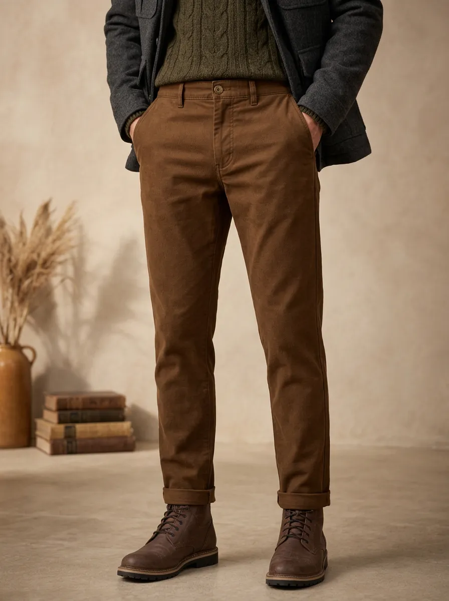Men's Cotton Chino Button Fly Pants for Autumn Winter