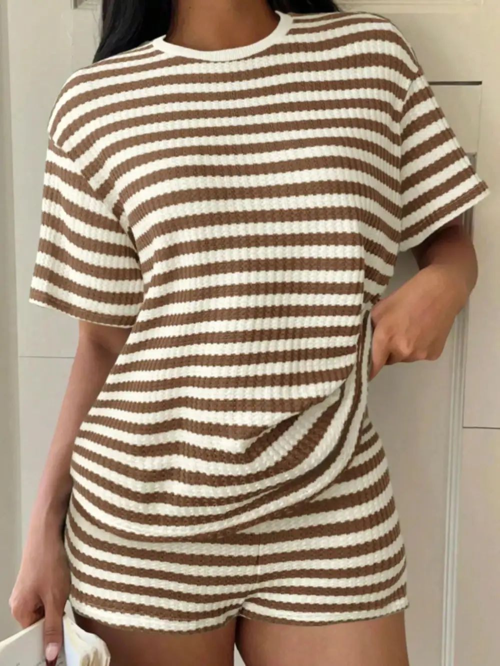 Easy Striped Round Neck Top and Shorts Set