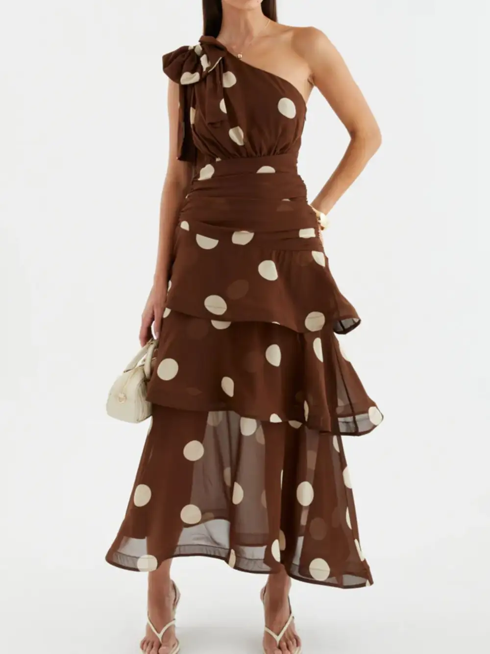Tiered One-Shoulder Polka-Dot Casual Dress