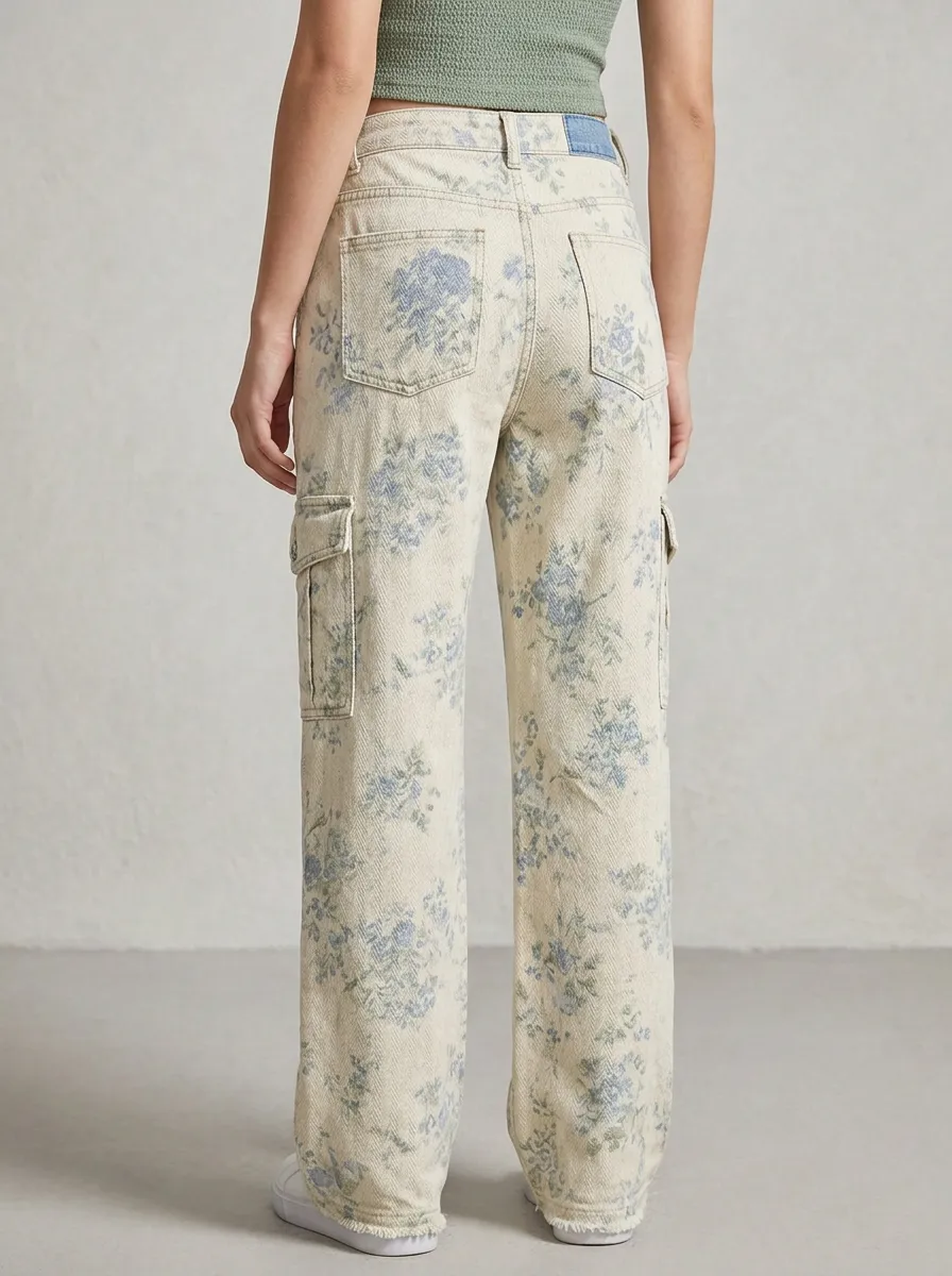 Women's Vintage Floral Pattern Button-Fly Printed Cargo Jeans