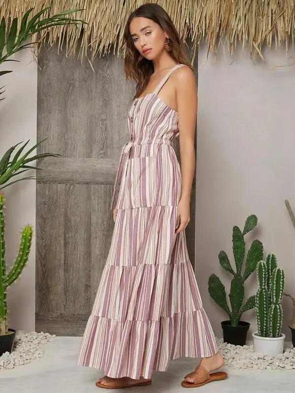 Women Striped Button Front Patch Pocket Dress