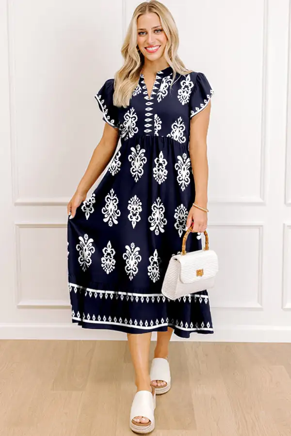 Printed Split Neck Short Sleeve Midi Dress
