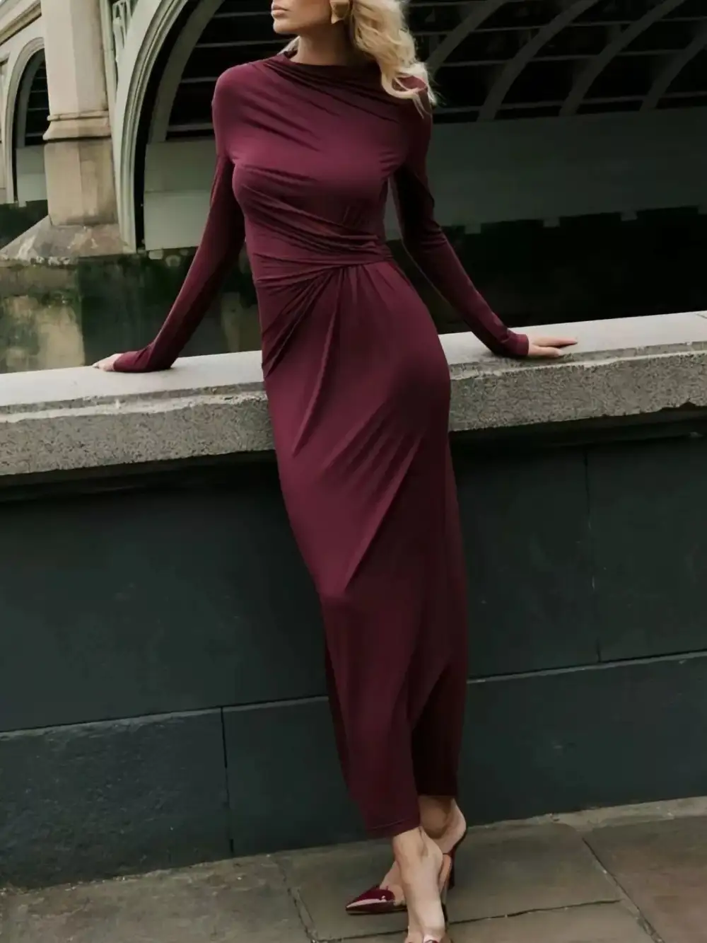 Balanced Detail Ruched Long Sleeve Maxi Dress