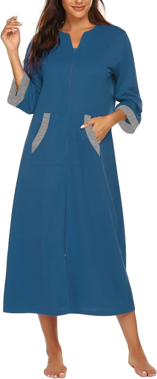 50% OFF Women Zipper Robe 3/4 Sleeves Loungewear Dress Full Length Sleepwear Pockets Housecoat Nightgown Long Bathrobe